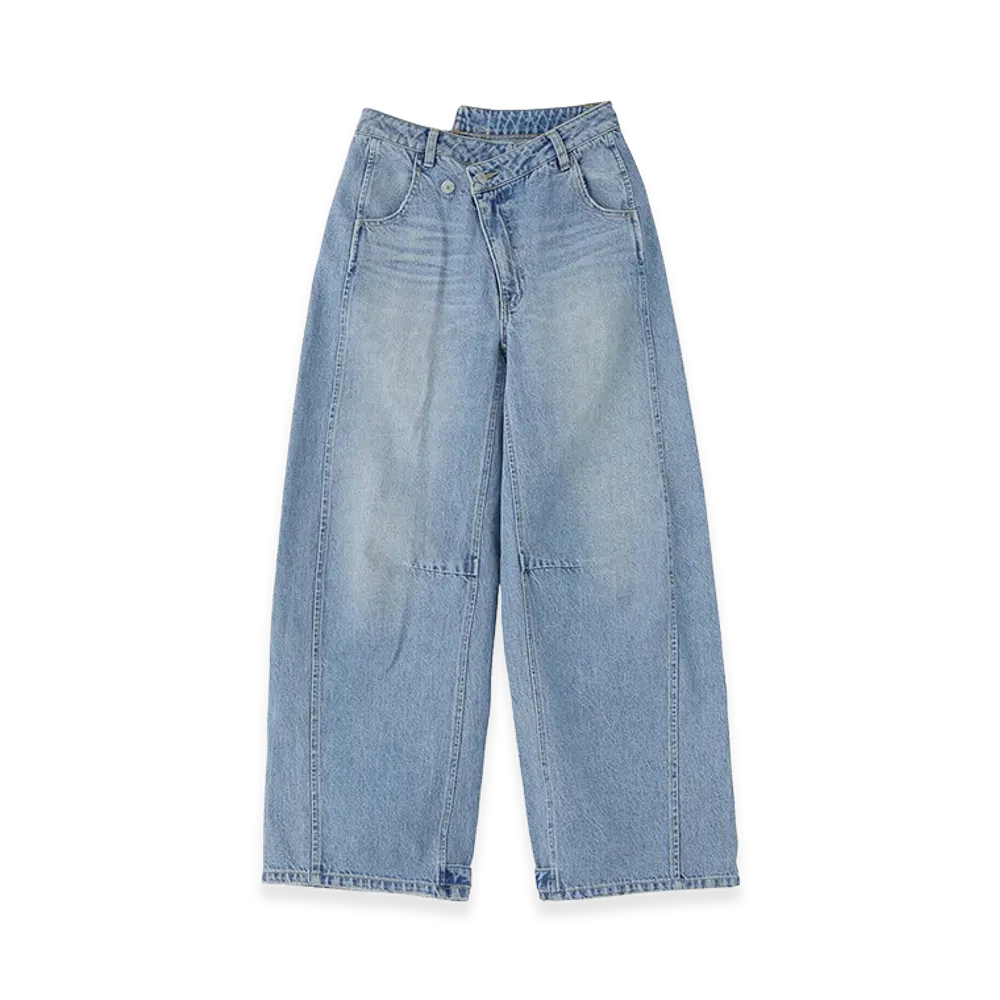 X-Girl Women's Asymmetric Waist Barrel Leg Denim Pants "Light Indigo"