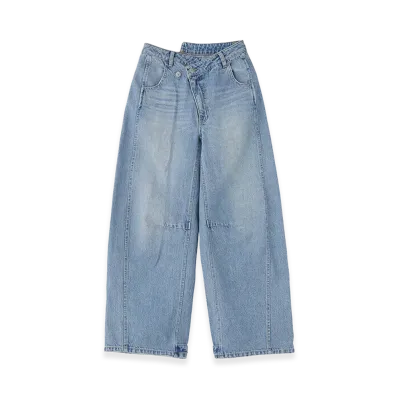 X-Girl Women's Asymmetric Waist Barrel Leg Denim Pants "Light Indigo"