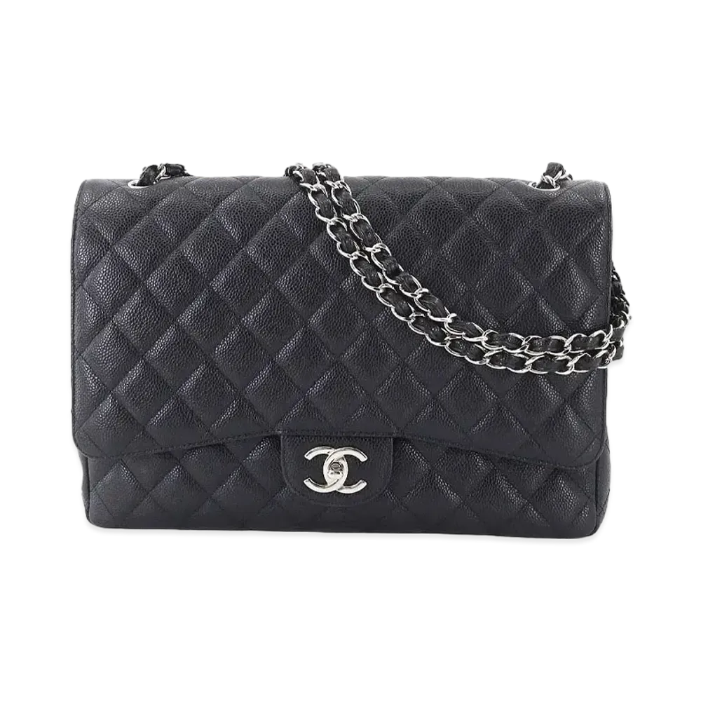 CHANEL Deca Matelasse Double Flap Caviarskin "Black/Silver"