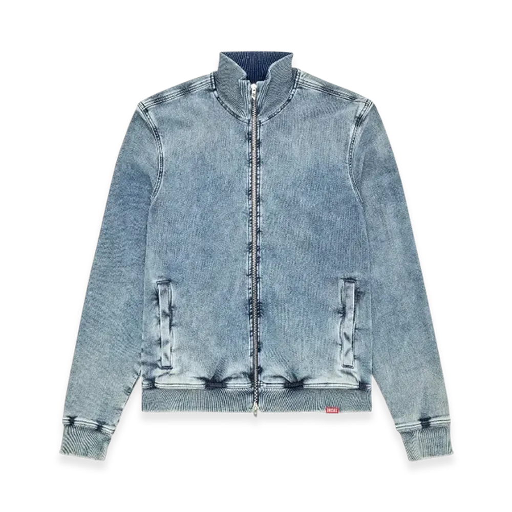 Diesel D-Buzye-S Track Zip-Up Sweater In Trompe LOeil Track Denim "Light Blue"