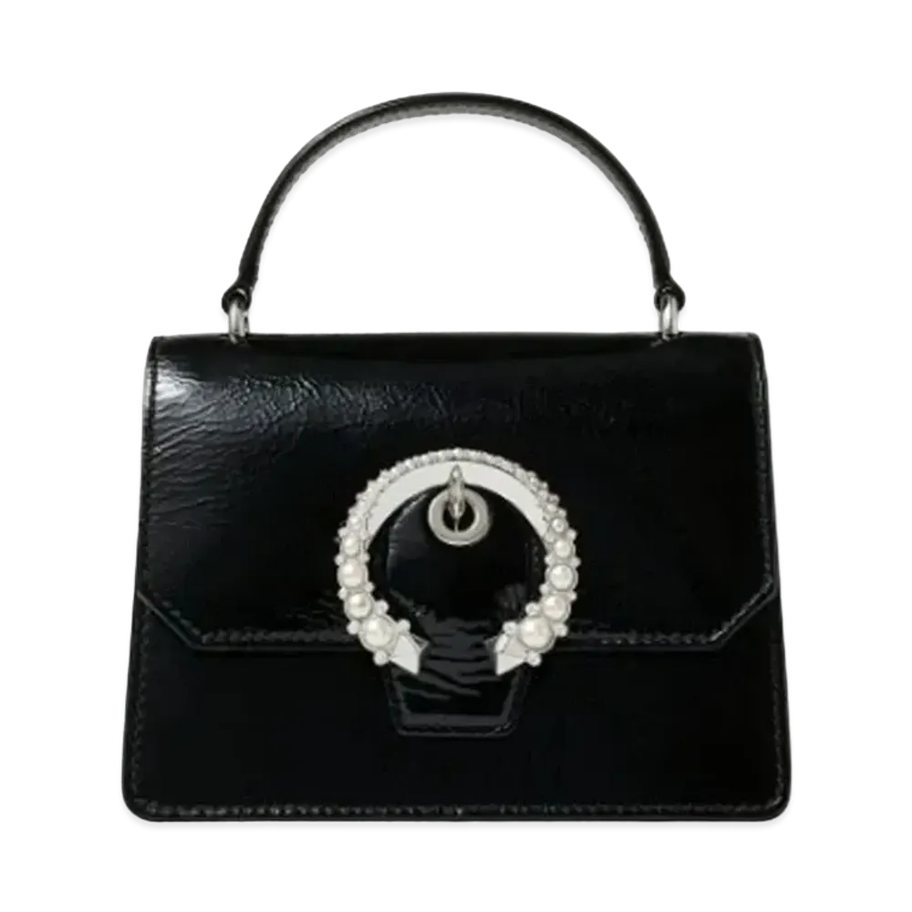 Jimmy Choo Madeline Satchel/S Patent Textured Leather Satchel With Pearl Buckle "Black"