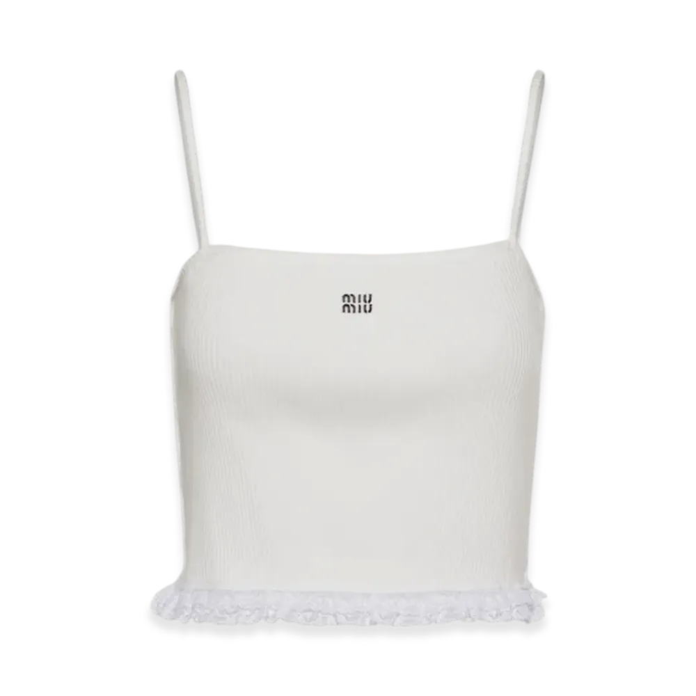 MIU MIU Women's Embroidered Ribbed Knit Jersey Top "White"