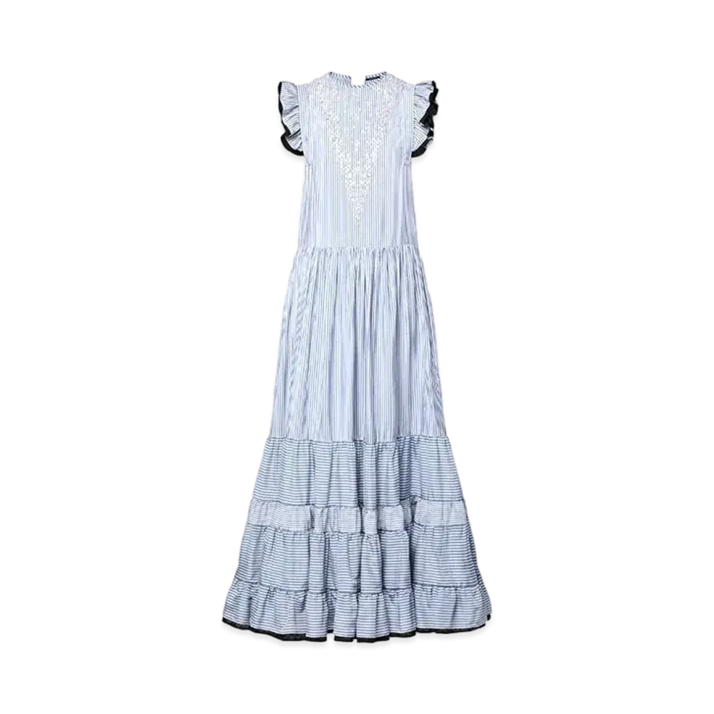 Louis Vuitton Bejeweled Pinstripe Tiered Dress "Rayure Bleu"