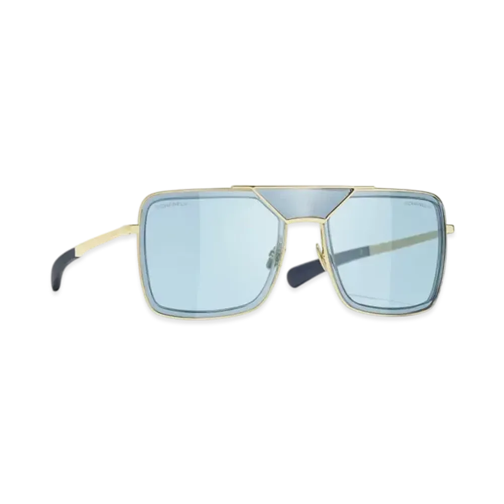 CHANEL Pilot Sunglasses Metal & Calfskin "Light Gold/Light Blue"