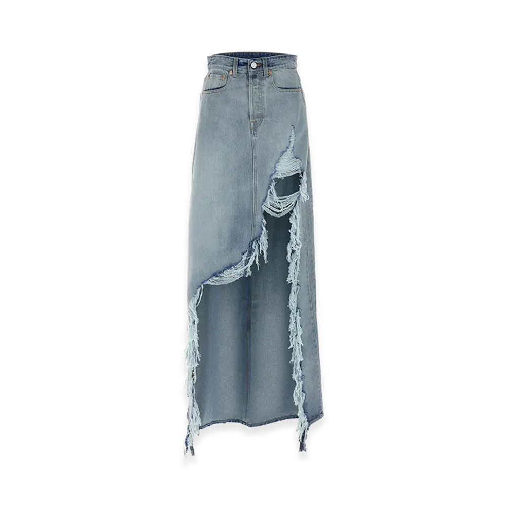 VETEMENTS Women's Destroyed Denim Maxi Skirt "Light Blue"