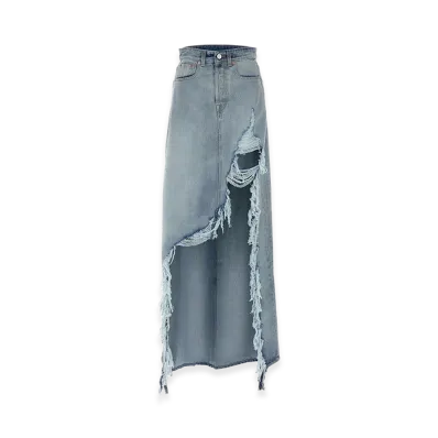 VETEMENTS Women's Destroyed Denim Maxi Skirt "Light Blue"