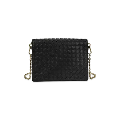 Bottega Veneta Intrecciato Lambskin Wallet With Chain "Black/Gold"