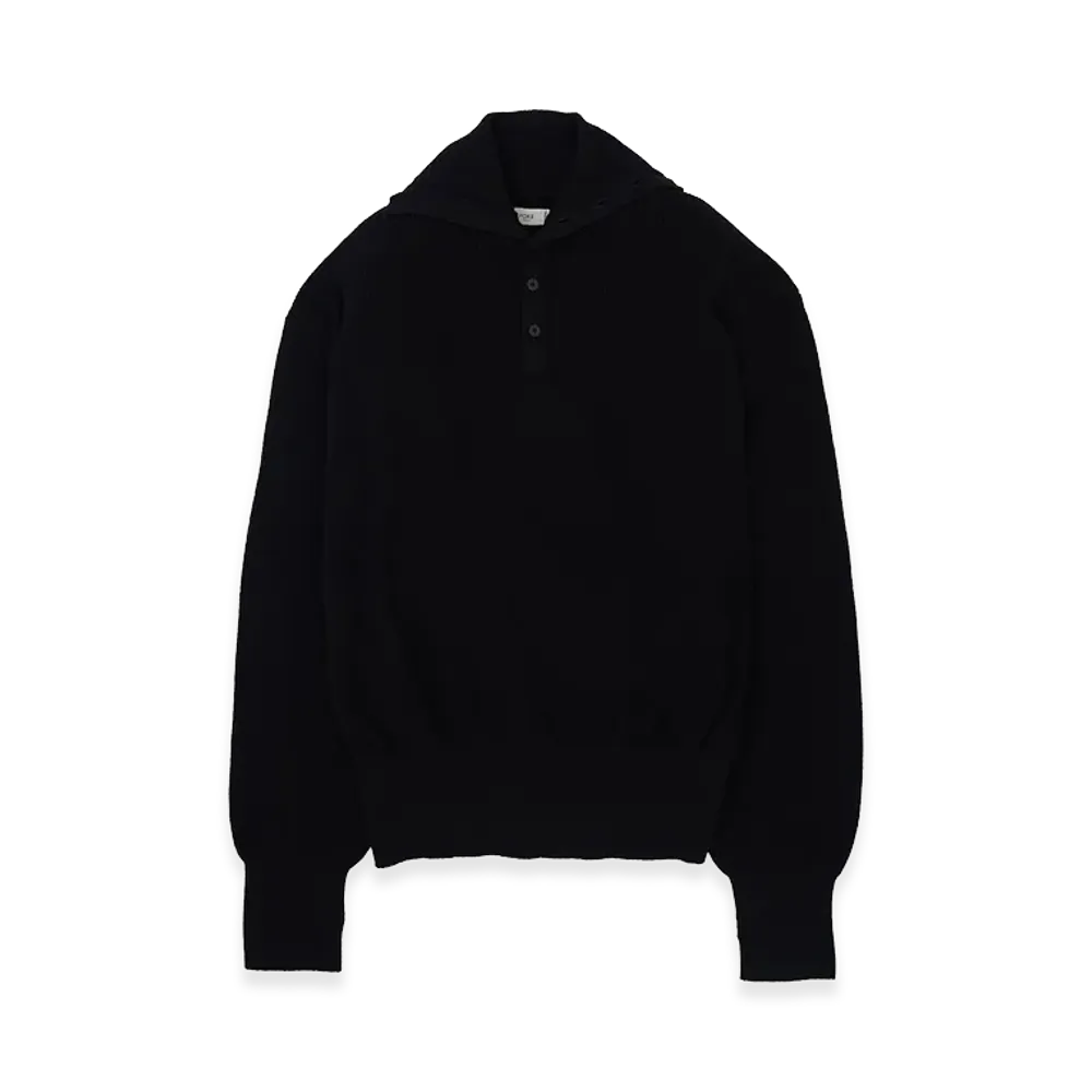 YOKE Cotton Hard Twist Highneck Henley Rib Sweater "Black"