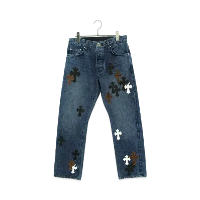 Chrome Hearts Jean Strtlg FBRC Cross Patch Washed Denim Pants "Blue/Black/White/Brown"