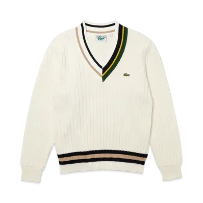 LACOSTE Classic V Neck Knit Sweater "White"