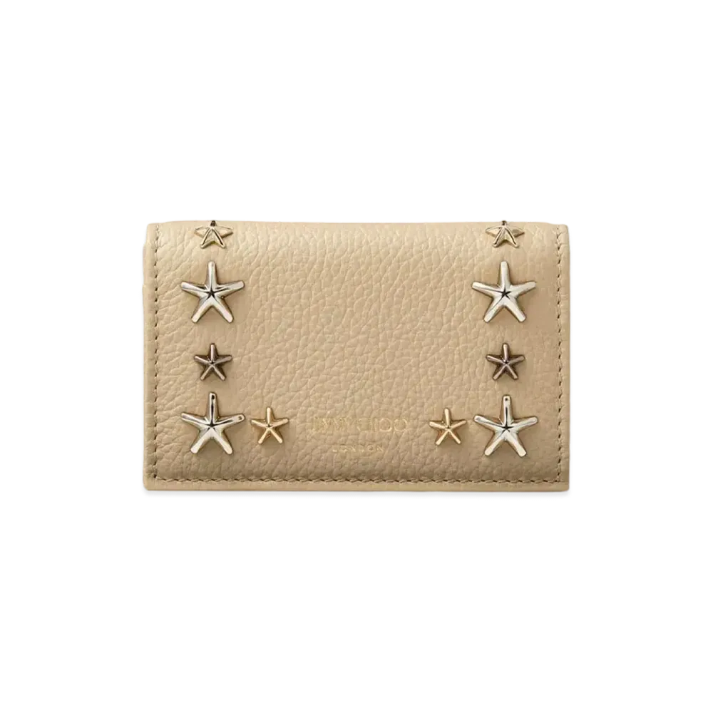 JIMMY CHOO NELLO Soft Grainy Calf Leather Card Case With Star Studs "Barley"