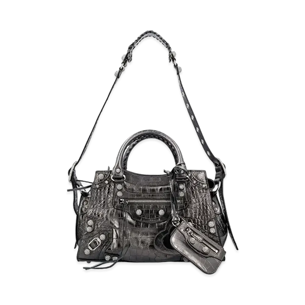 BALENCIAGA Neo Cagole City Rhinestone Crocodile Embossed Small Handbag "Grey"