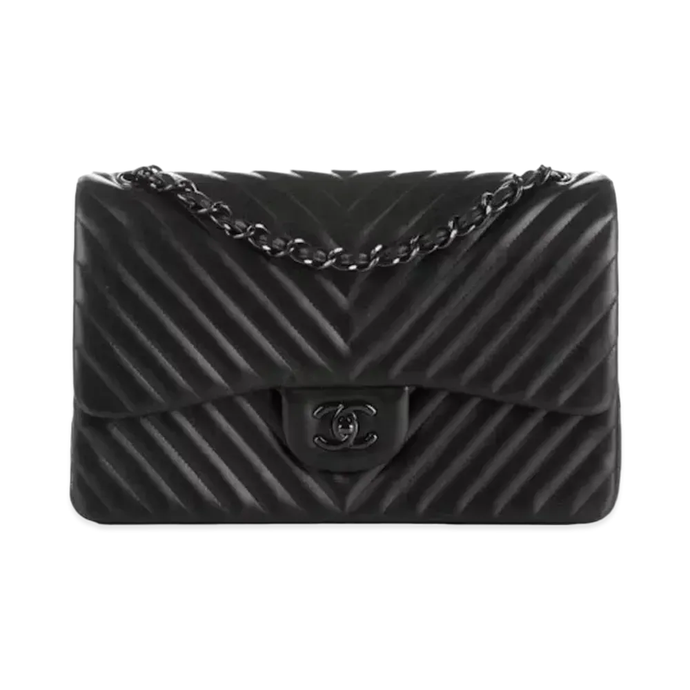 CHANEL V Stitch Deca Matelasse Double Flap So Black Lambskin "Black/Black"