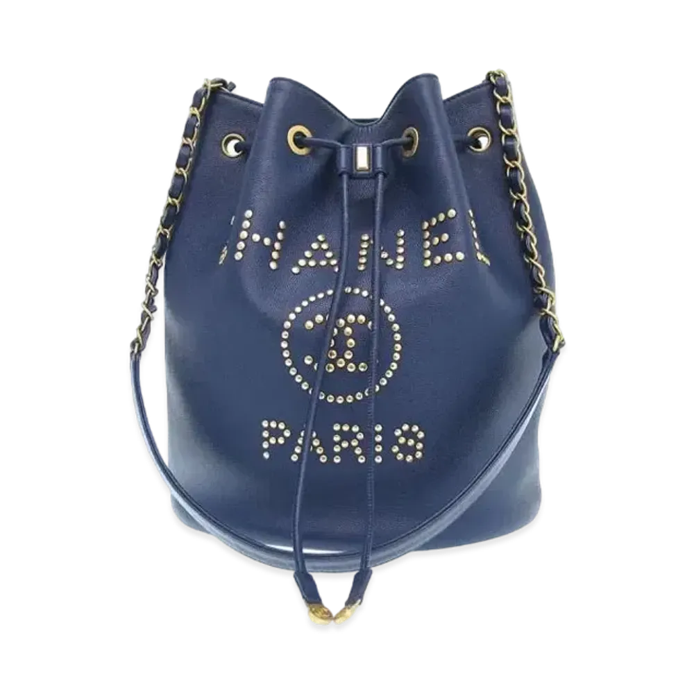 CHANEL Deauville Drawstring Bag Chain Shoulder 19 Caviarskin "Navy"