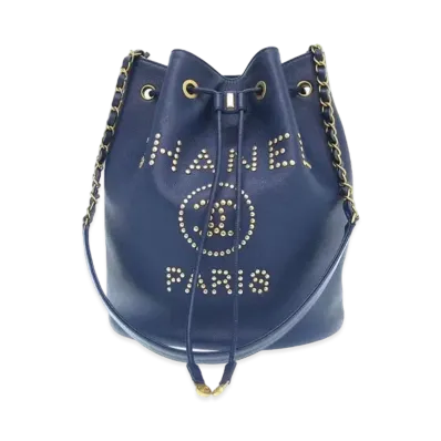 CHANEL Deauville Drawstring Bag Chain Shoulder 19 Caviarskin "Navy"