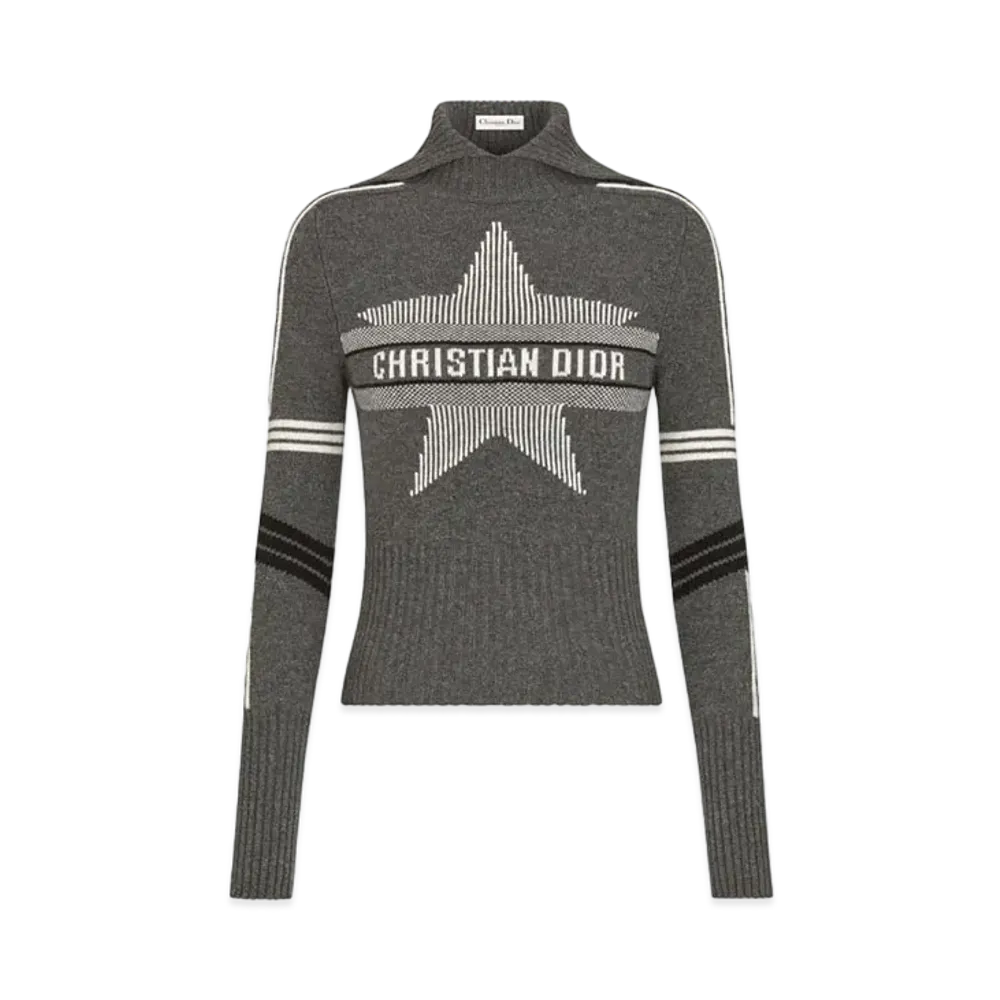 Dior DiorAlps Mock Neck Sweater Virgin Wool and Cashmere Knit with Dior Star Motif "Gray/White"