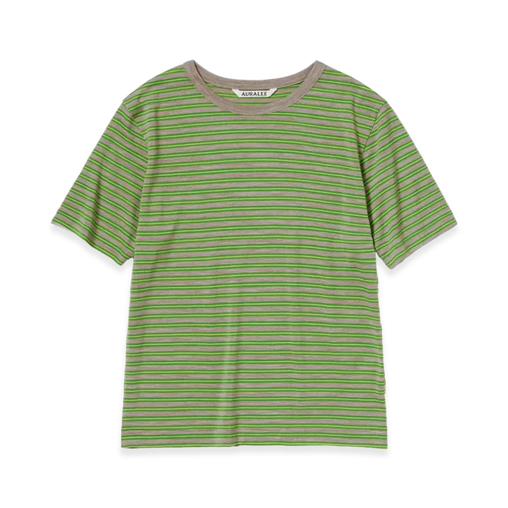 AURALEE Women's Soft Smooth Wool Stripe Jersey Tee "Green Stripe"
