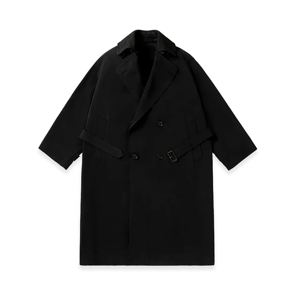 A.PRESSE Maxi Length Washed Silk Trench Double Cashmere Collar Coat "Black"