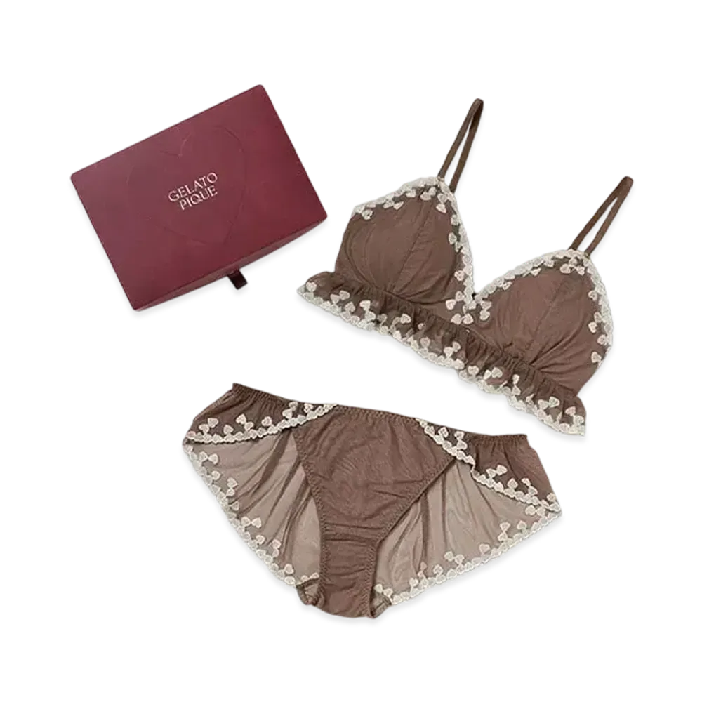 GELATO PIQUE Valentine Heart Embroidery Bra & Shorts Set With Box "Brown"