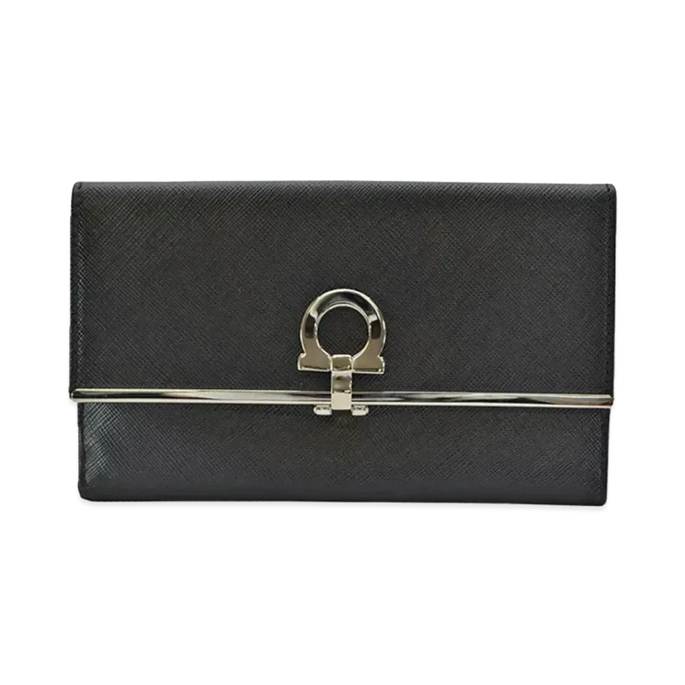 Salvatore Ferragamo Gancini Leather Flap Long wallet "Black"