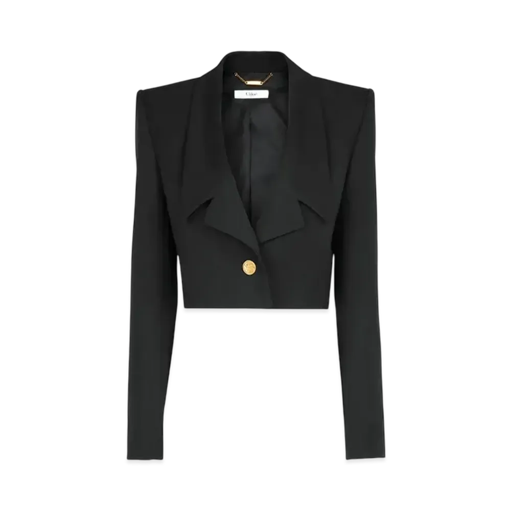 Chloe Cropped Spencer Jacket In Wool Grain De Poudre "Black"