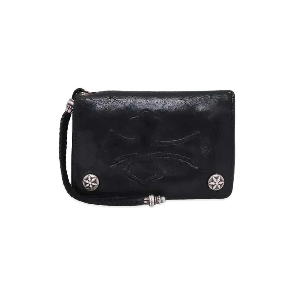 Chrome Hearts 2 Zip Star Ball Button Cross Patch Leather Wallet "Black"