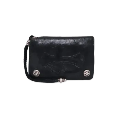 Chrome Hearts 2 Zip Star Ball Button Cross Patch Leather Wallet "Black"