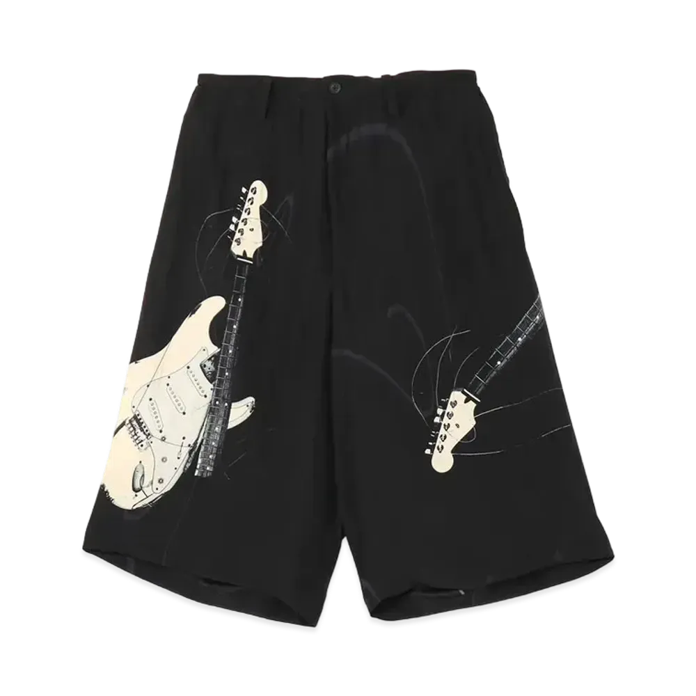 Yohji Yamamoto Pour Homme <PIECE UNIQUE>SILK SATIN GUITAR PRINT HALF PANTS "Black"