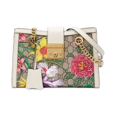 GUCCI GG Flora Padlock Shoulder Bag "White"