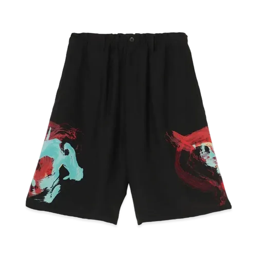Yohji Yamamoto Pour Homme SILK SATIN ORIGINAL PRINT WIDE ELASTIC PANTS "Black"