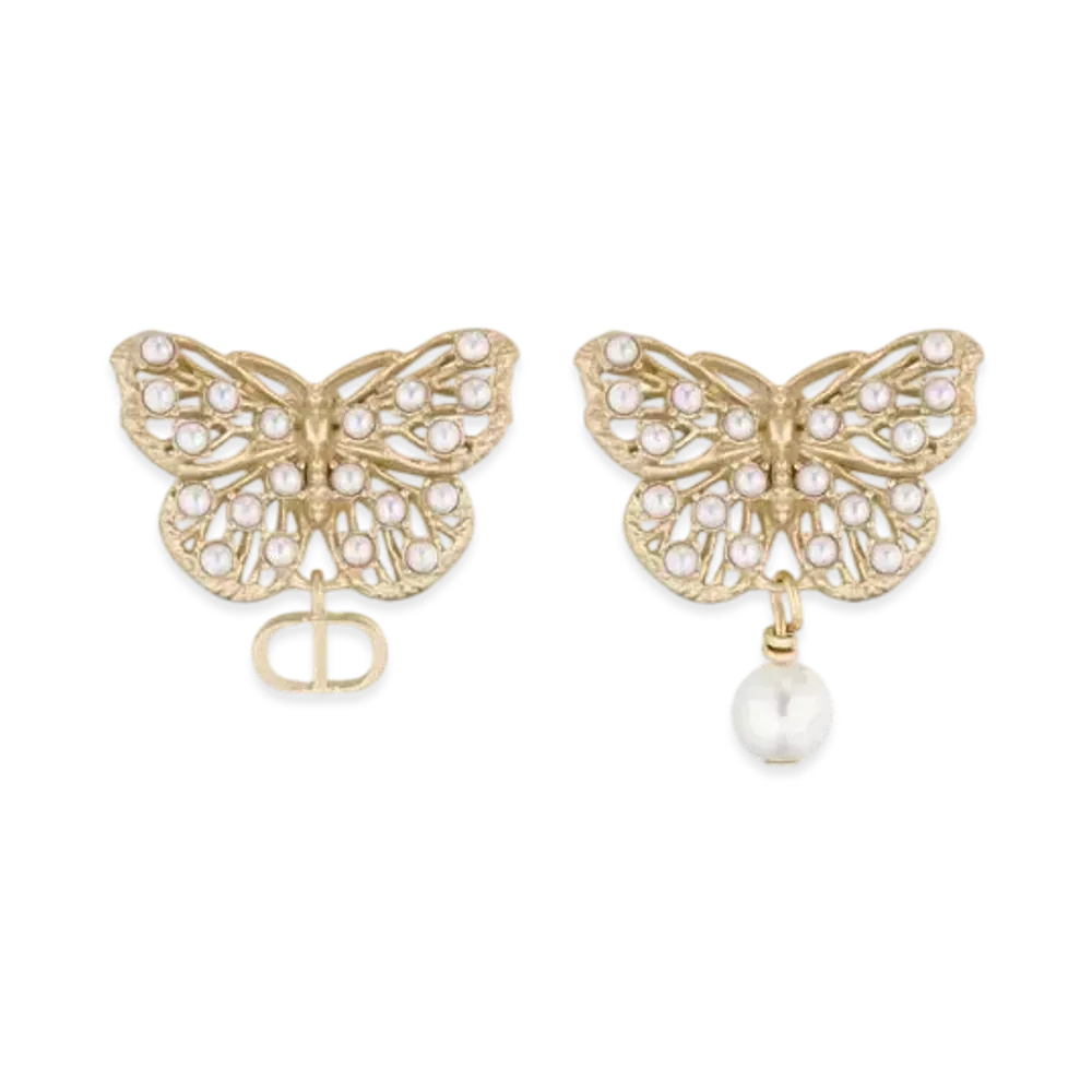 Dior Toile de Jouy Papillon Earrings Metal and Resin Pearls "Matte Gold/White"