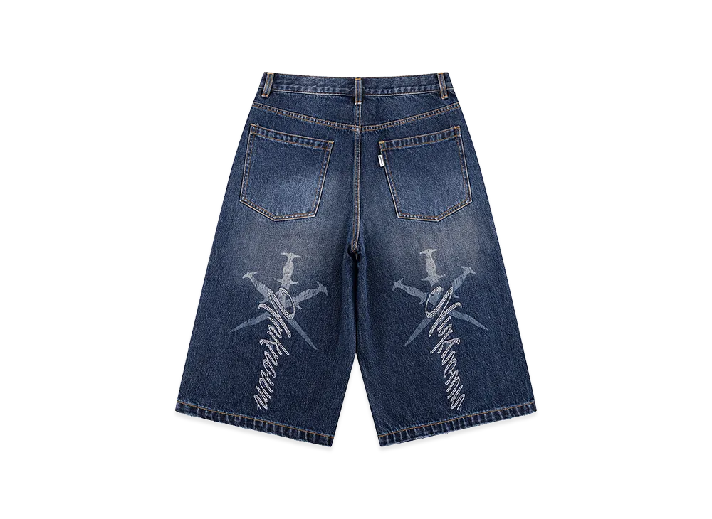 Unknown London Cursive Rhinestone Washed Jorts "Blue"