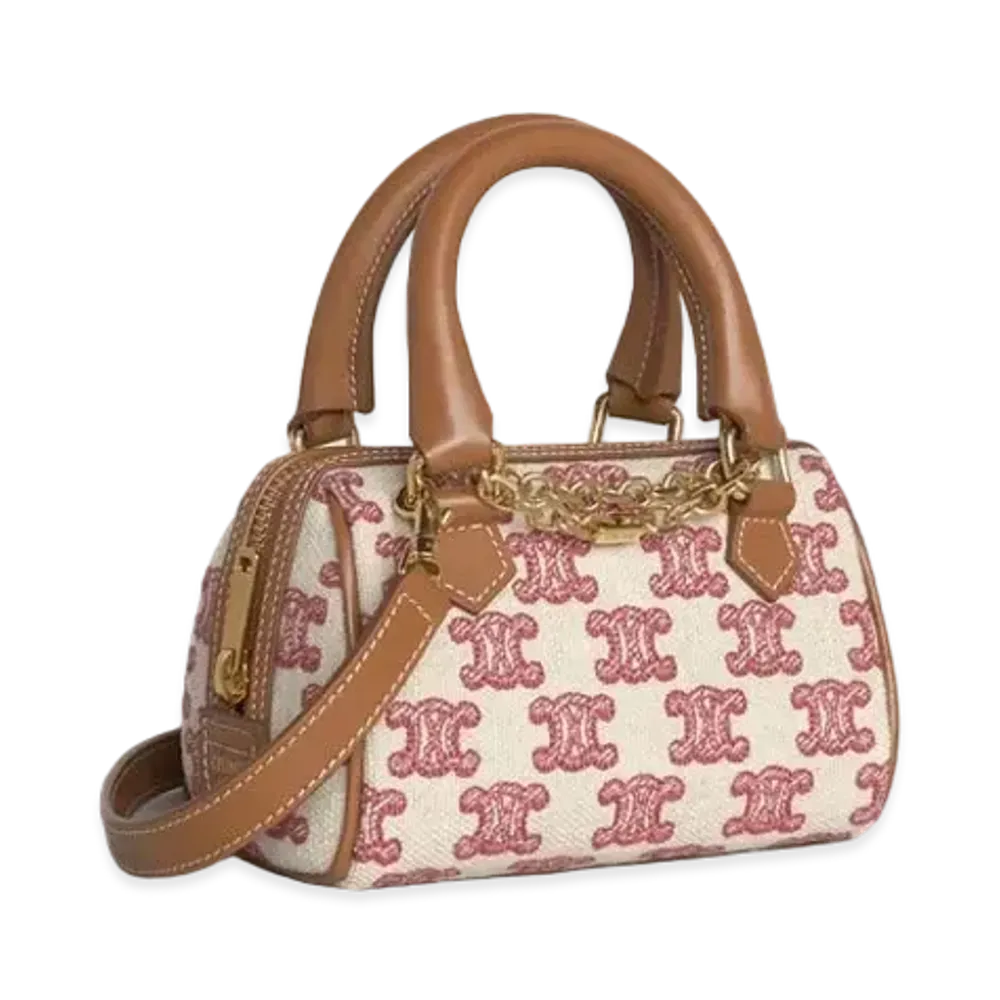 CELINE Mini Boston Bag in Textile with Triomphe Embroidery "Vintage Pink"