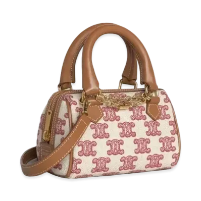 CELINE Mini Boston Bag in Textile with Triomphe Embroidery "Vintage Pink"