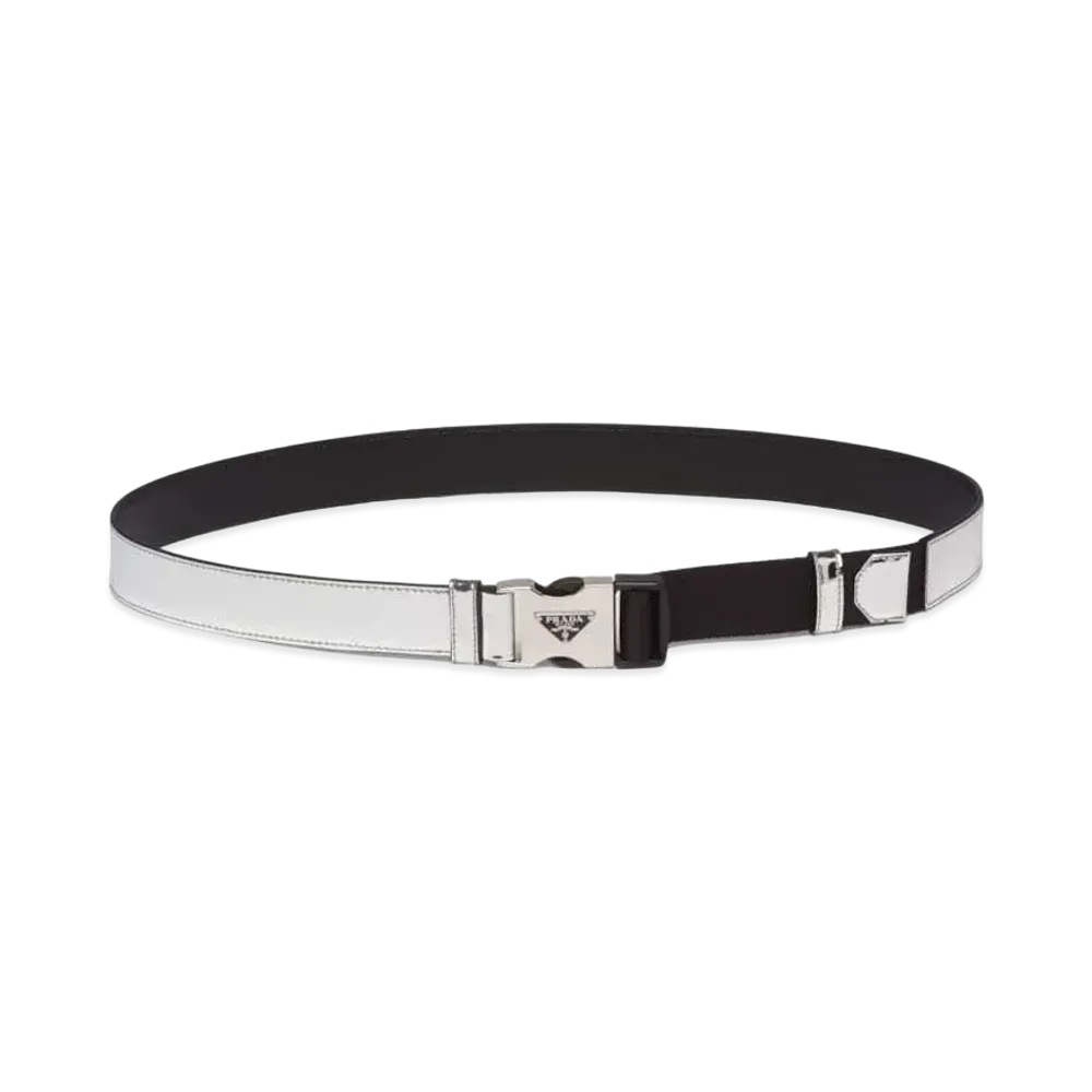 PRADA Brushed Leather x Weaving Tape Belt "Silver"