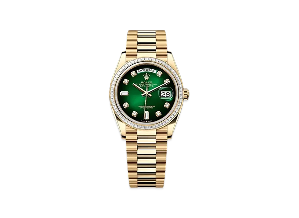 ROLEX Day-Date 36mm Yellow Gold Diamond 128398TBR "Green Ombre"