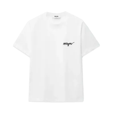 MSGM Round Neck Cotton T-Shirt With Embroidered Logo "White"