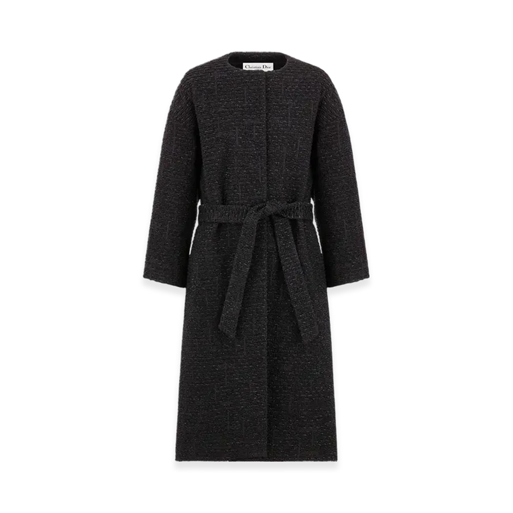 Dior Women's Coat with Belt Technical Wool Tweed "Metallic Black"