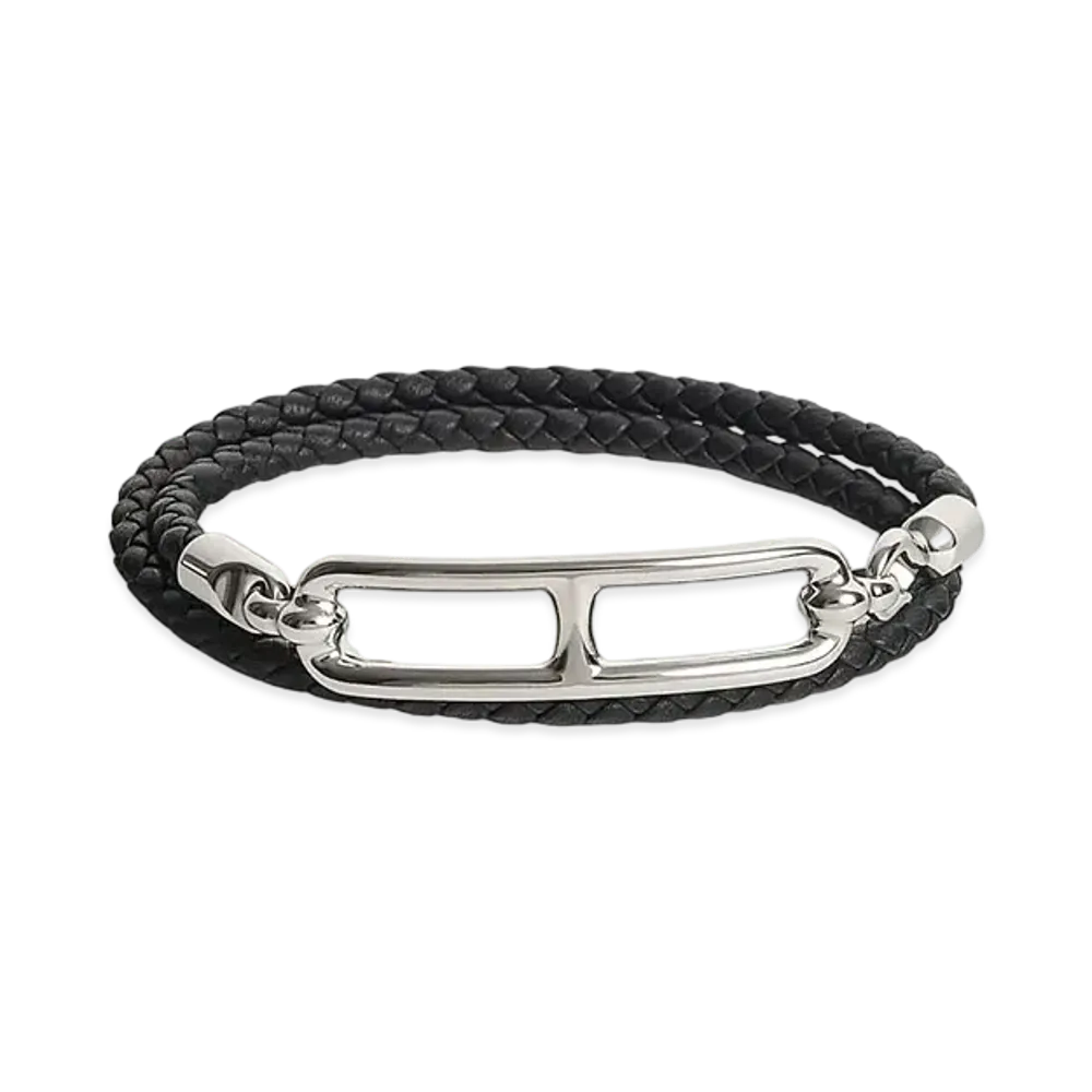Hermes Roulis Double Tour Bracelet Swift "Palladium/Noir"
