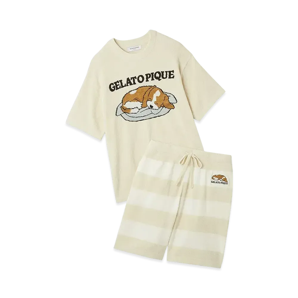 GELATO PIQUE Homme Airy Moko Dog Jacquard Pullover & Shorts Set "Cream"
