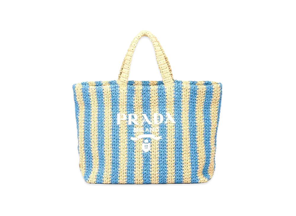 PRADA Large Raffia Tote Bag "Beige/Blue"