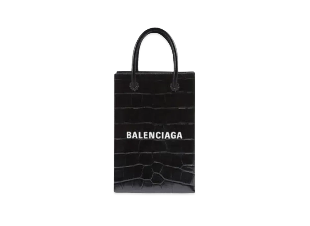 BALENCIAGA Shopping Phone Holder In Shiny Crocodile Embossed Calfskin "Black"