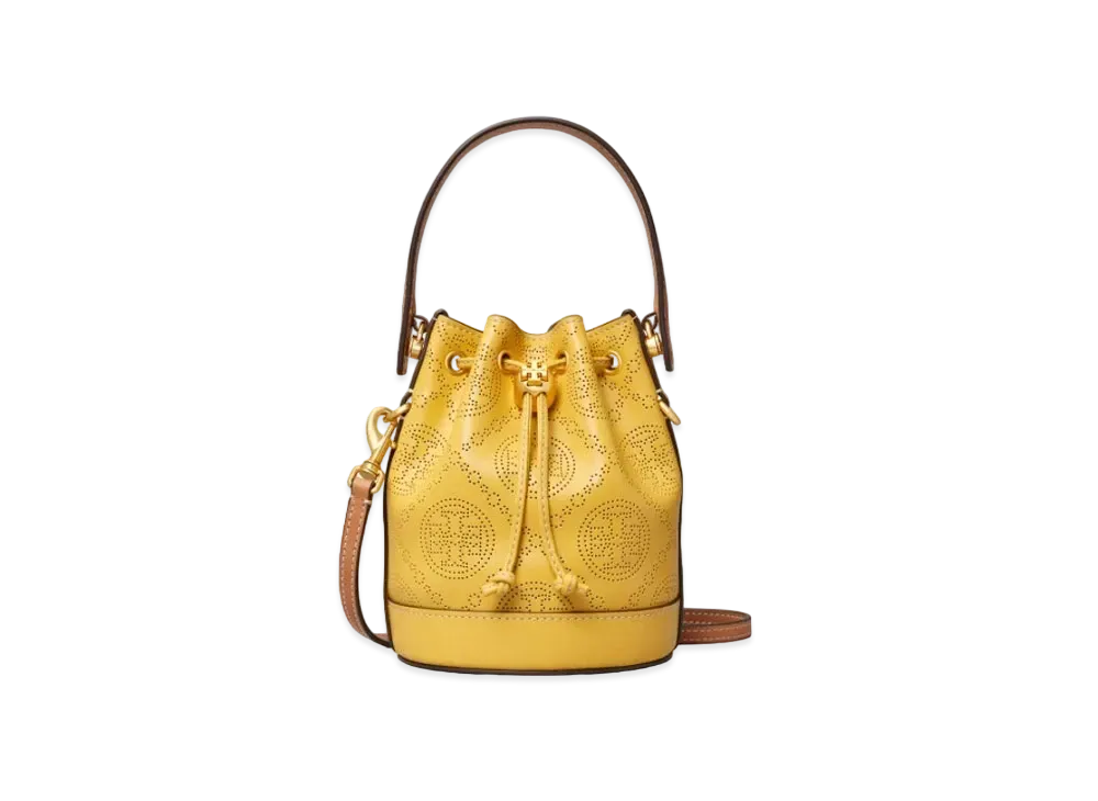 TORY BURCH T Monogram Permarfreto Leather Mini Bucket Bag "Golden Sunset"