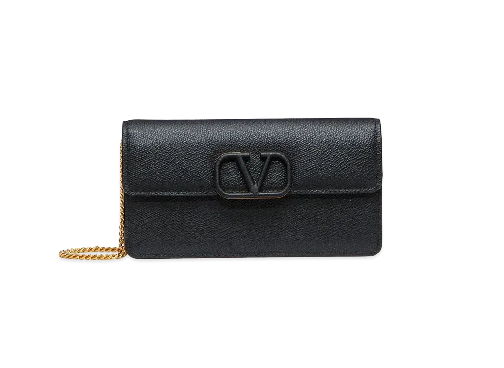 Valentino Vlogo Signature Grainy Calfskin Wallet With Chain "Black"
