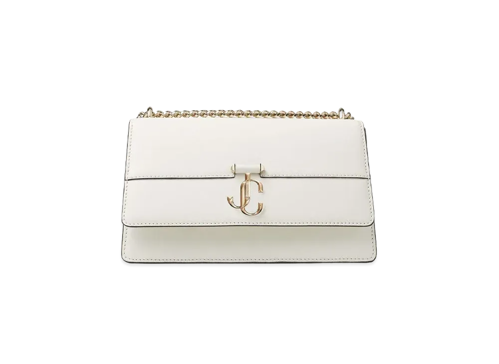JIMMY CHOO VARENNE SHOULDER Light Gold JC Logo With Fine Shiny Curf Leather Shoulder Bag "Latte"