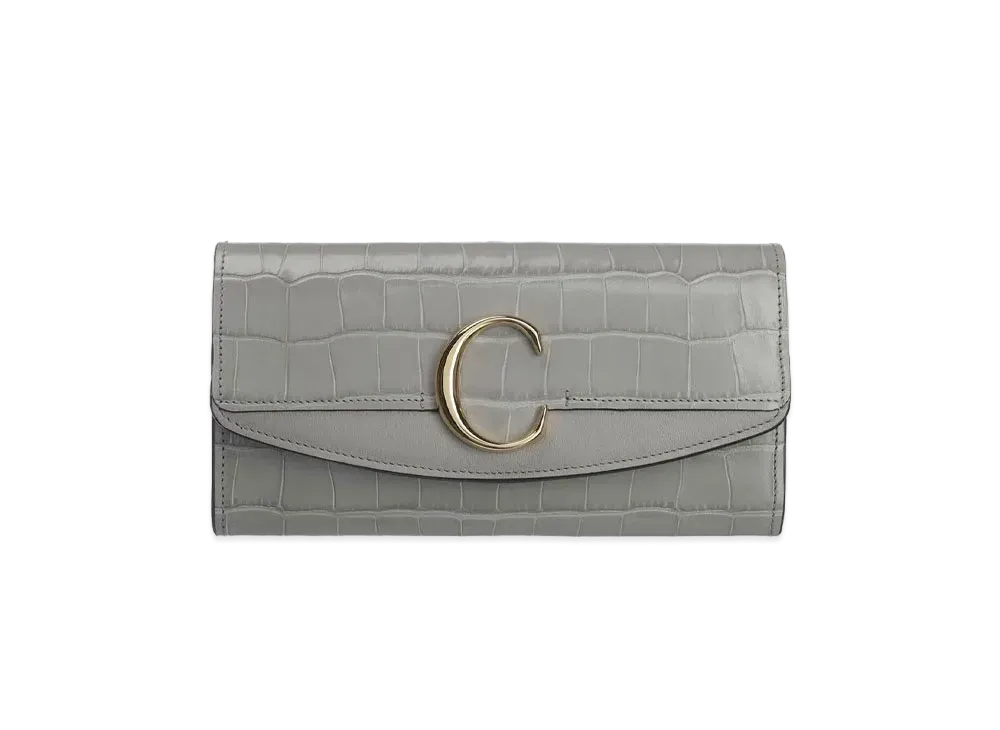 Chloe Women's Chloe Women's Signature Long Wallet For With Flap In Embossed Croco Effect On Calfskin & Shiny Calfskin "Stormy Grey"