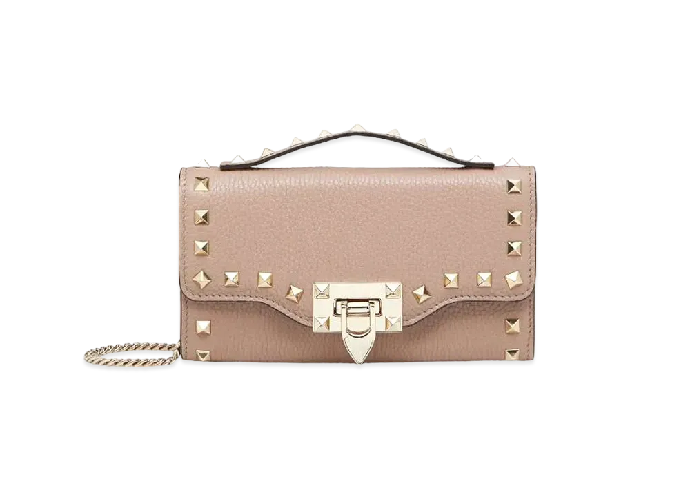 Valentino Rockstud Grainy Calfskin Wallet With Chain Strap "Poudre"