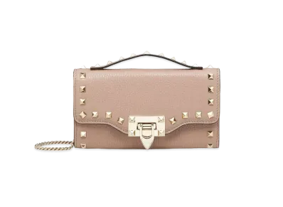 Valentino Rockstud Grainy Calfskin Wallet With Chain Strap "Poudre"