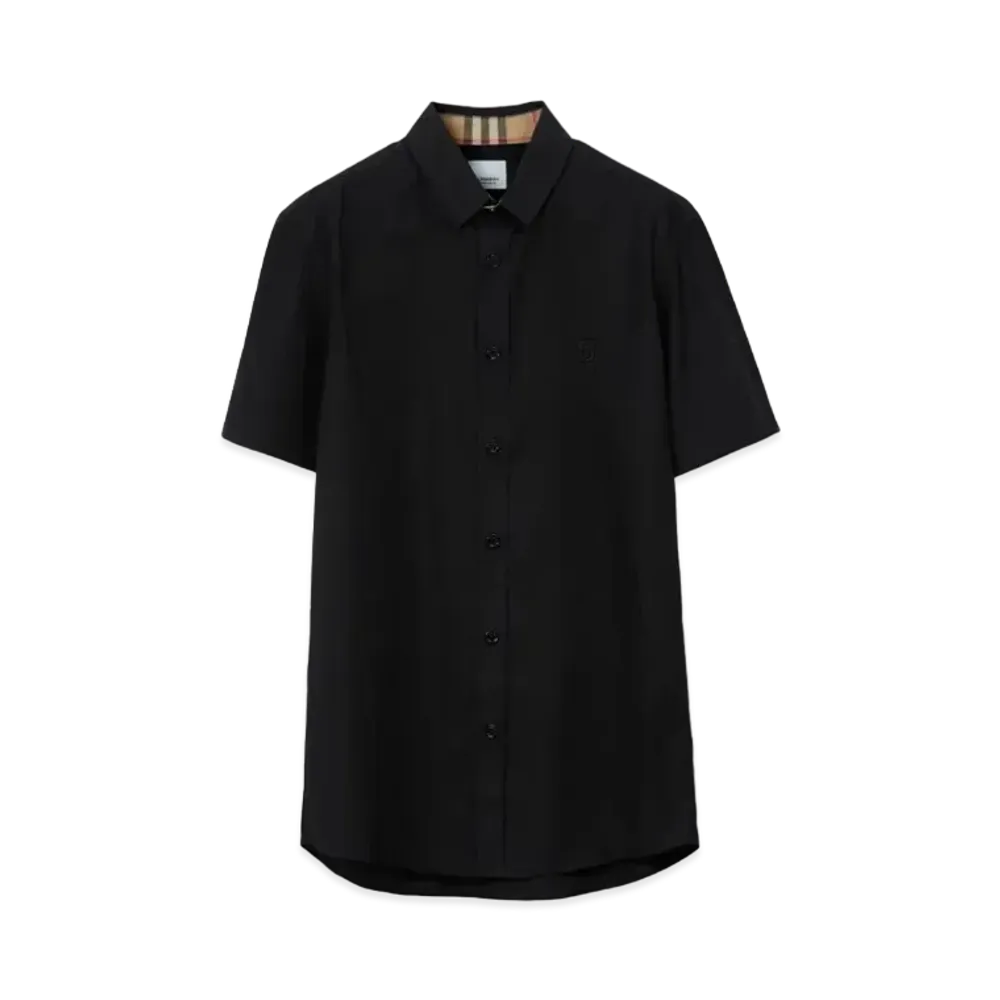 Burberry Men's Short Sleeve Monogram Motif Stretch Cotton Shirt "Black"