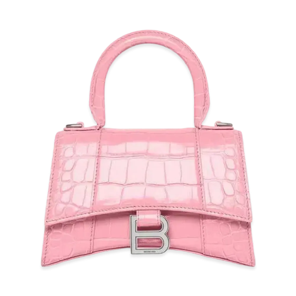BALENCIAGA Hourglass XS Handbag In Shiny Crocodile Embossed Calfskin "Pink"